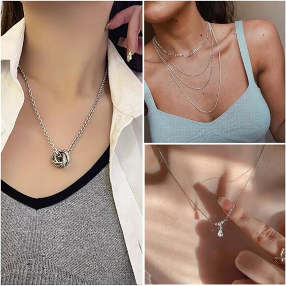 Silver Jewelry Set – Layered Necklaces, Bracelets, Stackable Rings & Earrings - Picture 2 of 7